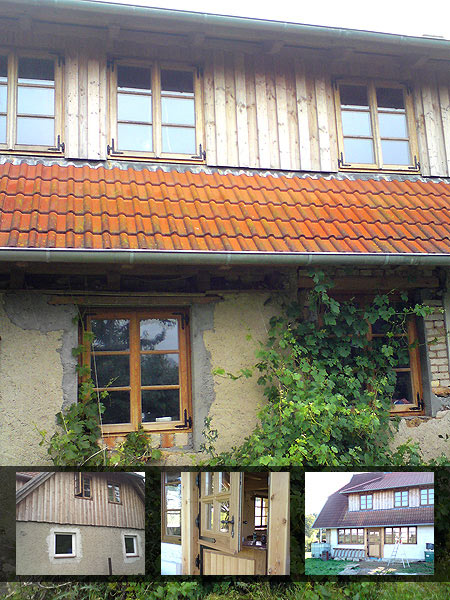 Klöntür und Fenster nach außen öffnend mit geschmiedeten Winkelbändern (verzinkt und Pulver beschichtet) Holzart Eiche